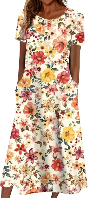 Short-Sleeve Dress Womens Dressy Round Neck Trendy Dresses Beach Fashion Summer Swing Floral Print Basic with Pocket