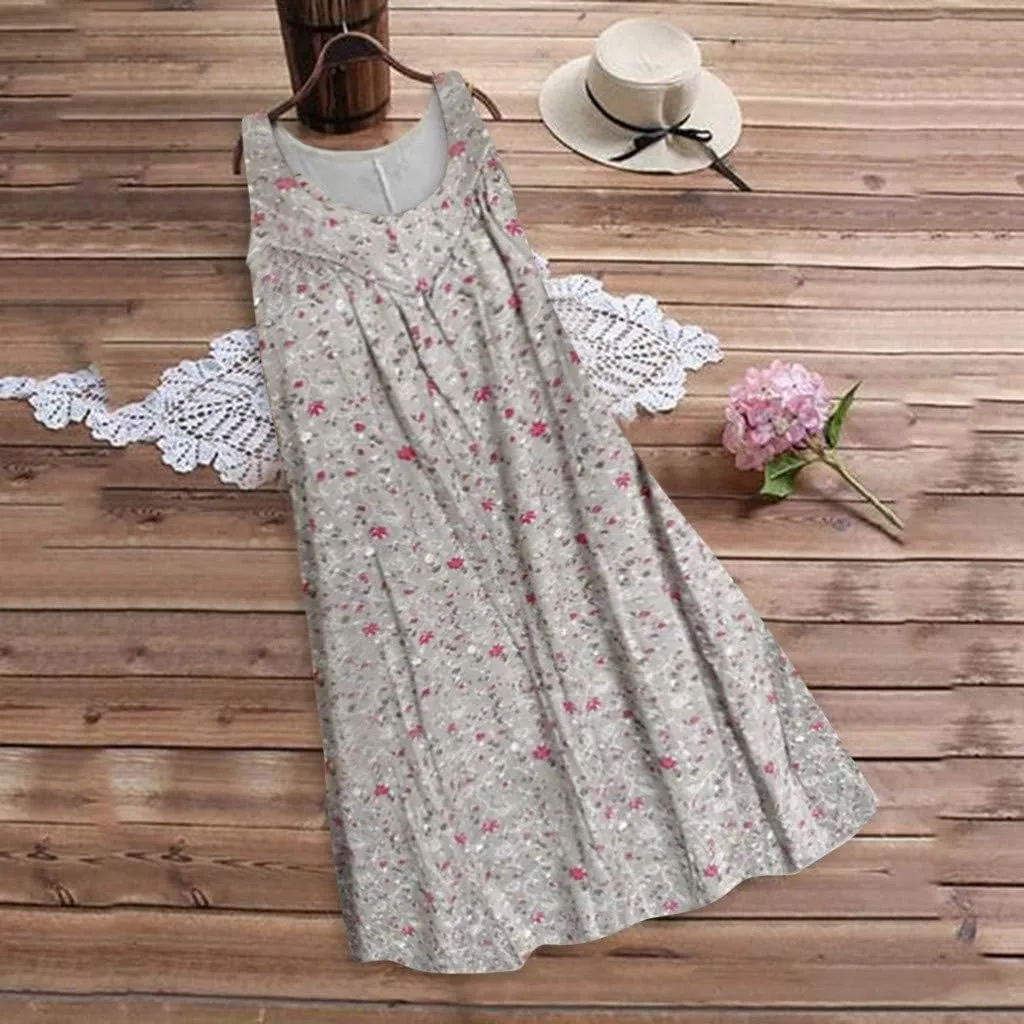 Sleeveless Dress for Women Women's Summer Tank Midi Dress with Pockets Sleeveless A Line Dress Casual Floral T Shirt