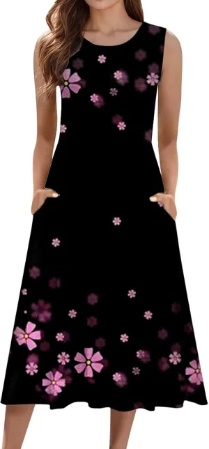 Sleeveless Dress for Women Women's Summer Tank Midi Dress with Pockets Sleeveless A Line Dress Casual Floral T Shirt
