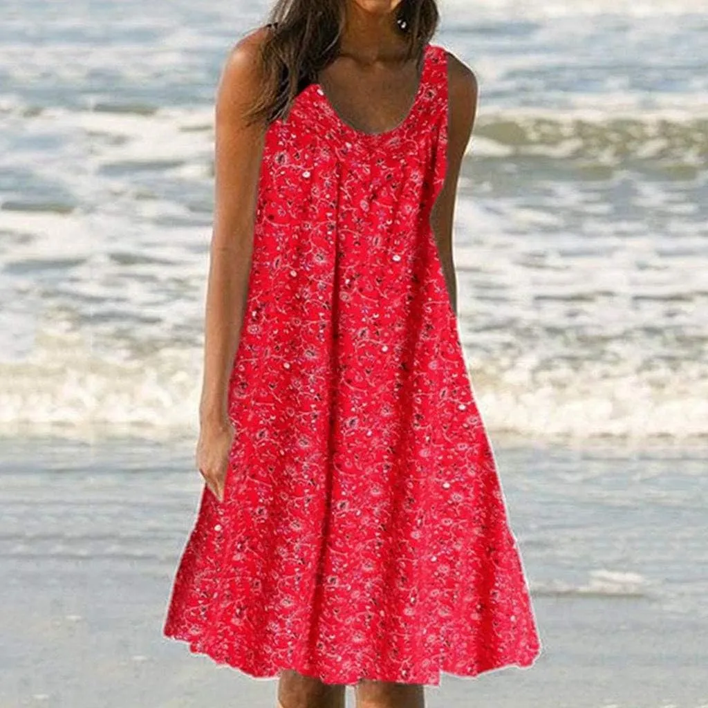 Sleeveless Dress for Women Women's Summer Tank Midi Dress with Pockets Sleeveless A Line Dress Casual Floral T Shirt