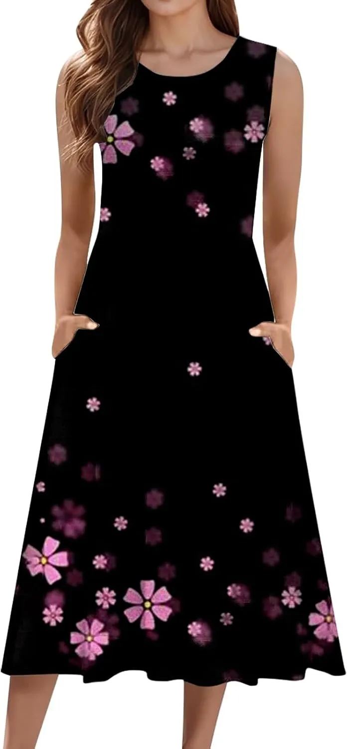 Sleeveless Dress for Women Women's Summer Tank Midi Dress with Pockets Sleeveless A Line Dress Casual Floral T Shirt
