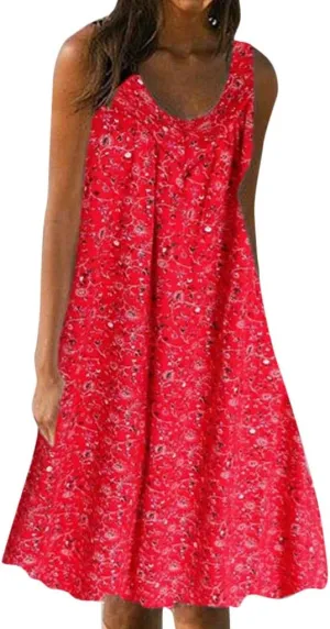 Sleeveless Dress for Women Women's Summer Tank Midi Dress with Pockets Sleeveless A Line Dress Casual Floral T Shirt