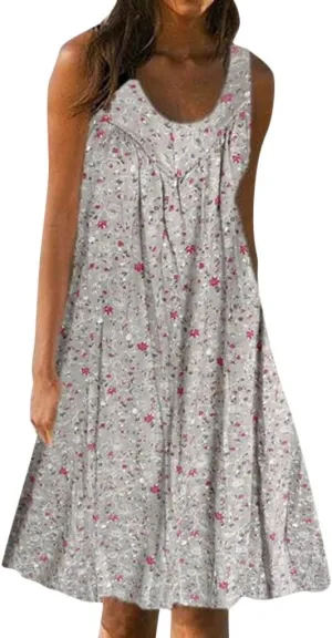 Sleeveless Dress for Women Women's Summer Tank Midi Dress with Pockets Sleeveless A Line Dress Casual Floral T Shirt