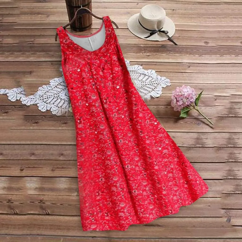 Sleeveless Dress for Women Women's Summer Tank Midi Dress with Pockets Sleeveless A Line Dress Casual Floral T Shirt