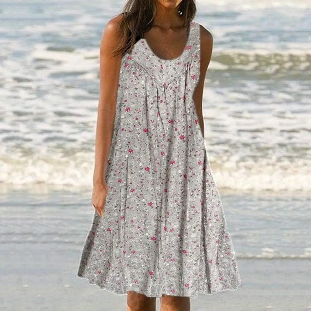 Sleeveless Dress for Women Women's Summer Tank Midi Dress with Pockets Sleeveless A Line Dress Casual Floral T Shirt