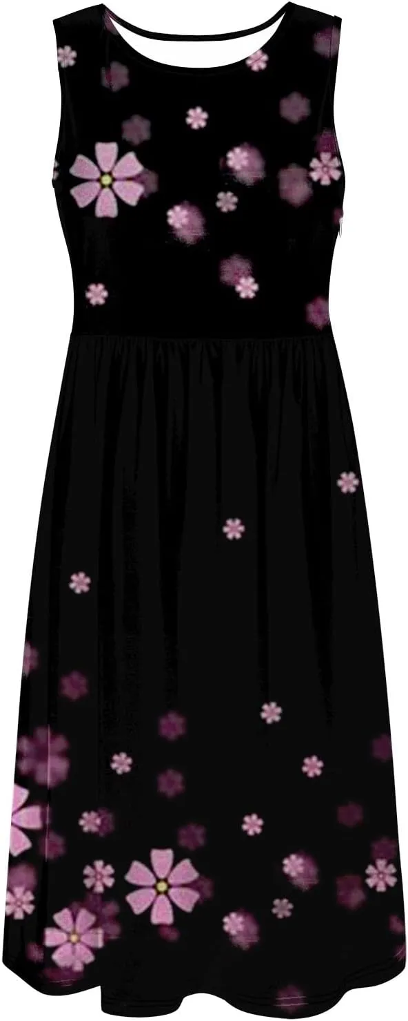 Sleeveless Dress for Women Women's Summer Tank Midi Dress with Pockets Sleeveless A Line Dress Casual Floral T Shirt
