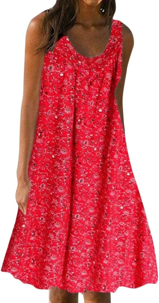 Sleeveless Dress for Women Women's Summer Tank Midi Dress with Pockets Sleeveless A Line Dress Casual Floral T Shirt
