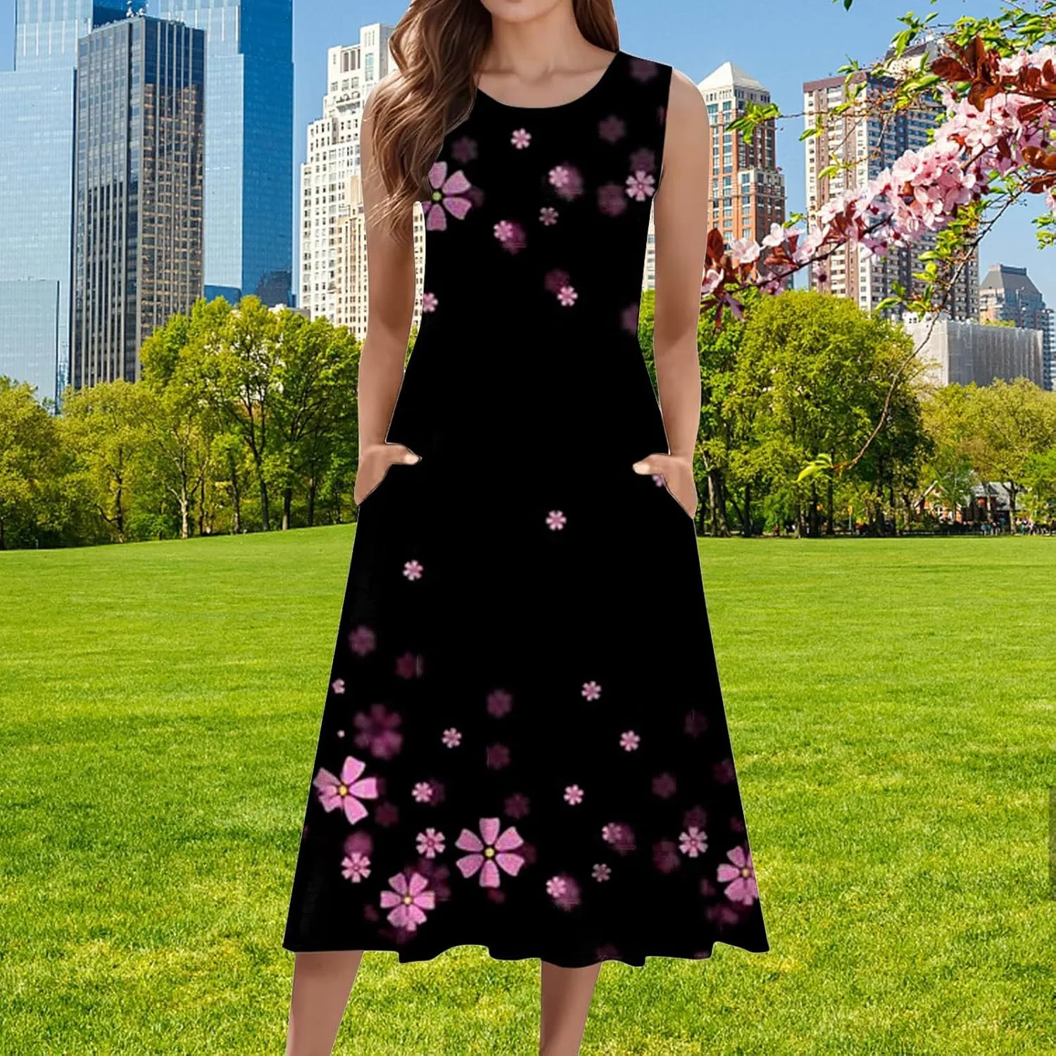 Sleeveless Dress for Women Women's Summer Tank Midi Dress with Pockets Sleeveless A Line Dress Casual Floral T Shirt
