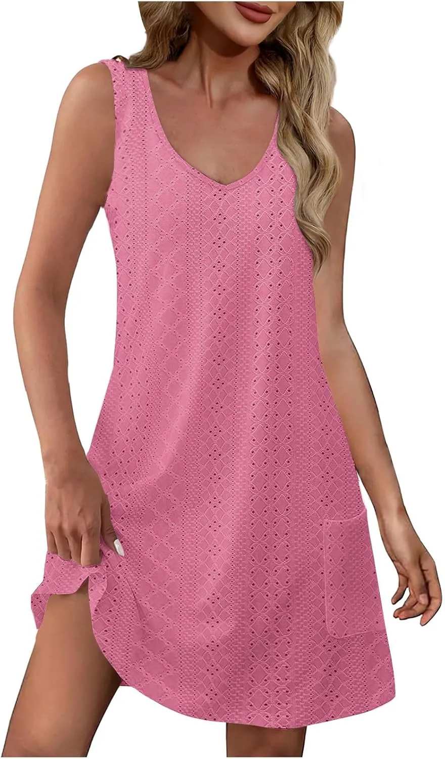Sleeveless Sundresses for Women 2025 V Neck Casual Eyelet Solid Color Dress with Pocket A Line Summer Beach Dresses