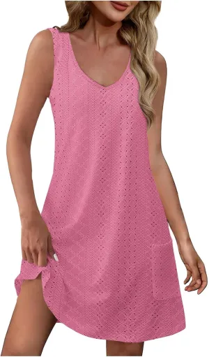 Sleeveless Sundresses for Women 2025 V Neck Casual Eyelet Solid Color Dress with Pocket A Line Summer Beach Dresses