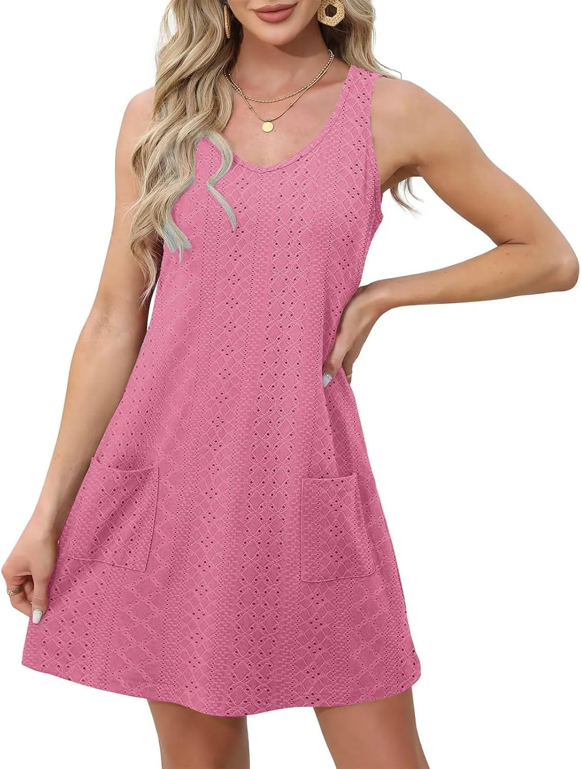 Sleeveless Sundresses for Women 2025 V Neck Casual Eyelet Solid Color Dress with Pocket A Line Summer Beach Dresses