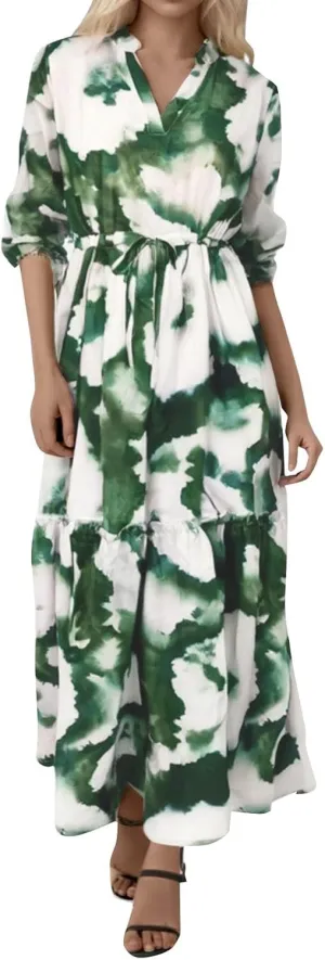Spring Dresses for Women Summer Boho Printed Lace-up High Waist Lantern Sleeve Long Sleeve V-Neck Waist Dress