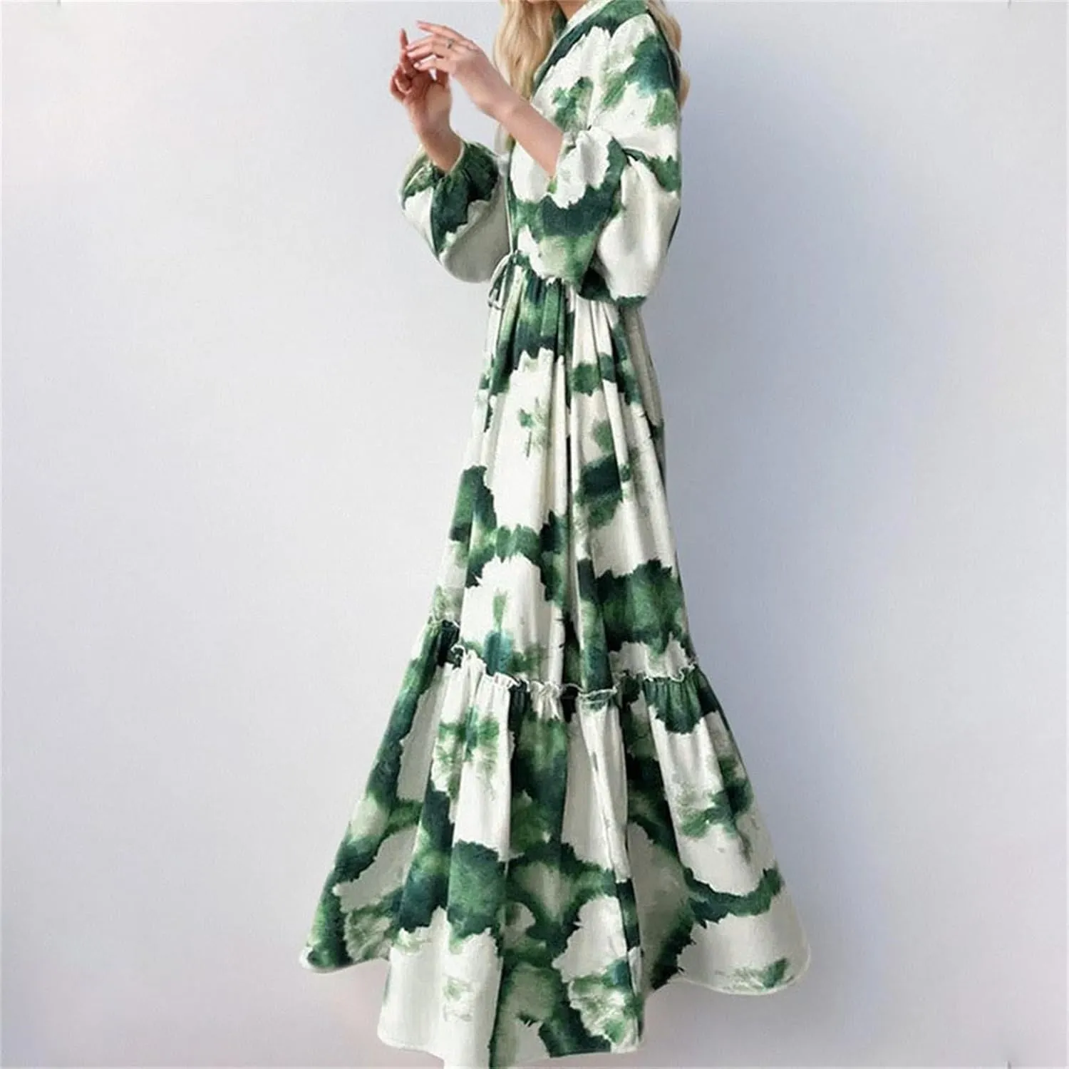 Spring Dresses for Women Summer Boho Printed Lace-up High Waist Lantern Sleeve Long Sleeve V-Neck Waist Dress