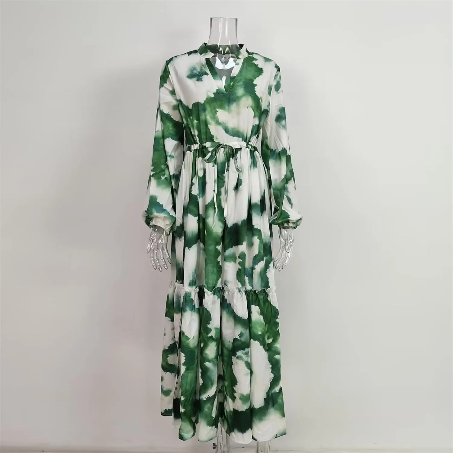 Spring Dresses for Women Summer Boho Printed Lace-up High Waist Lantern Sleeve Long Sleeve V-Neck Waist Dress