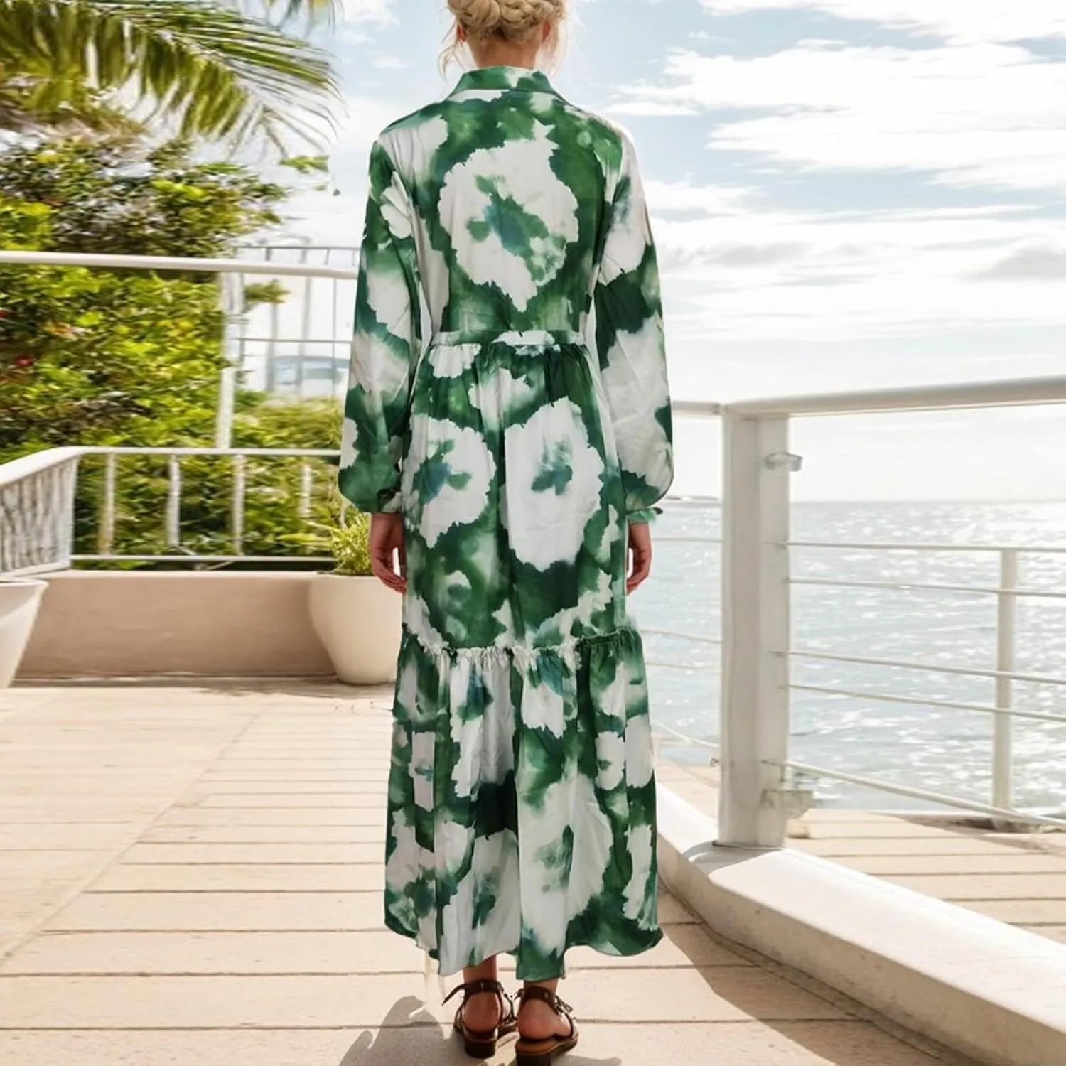 Spring Dresses for Women Summer Boho Printed Lace-up High Waist Lantern Sleeve Long Sleeve V-Neck Waist Dress