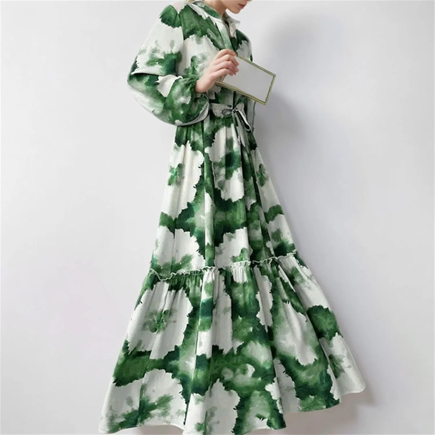 Spring Dresses for Women Summer Boho Printed Lace-up High Waist Lantern Sleeve Long Sleeve V-Neck Waist Dress