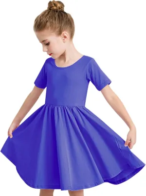 Stelle Girls Short Sleeve Dress Summer Kids Toddler Skater Twirl A Line Solid Color T-Shirt Dress for School Casual 3-12 Y