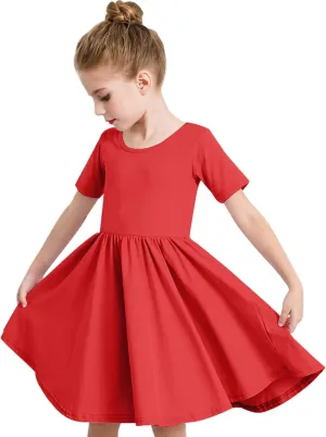 Stelle Girls Short Sleeve Dress Summer Kids Toddler Skater Twirl A Line Solid Color T-Shirt Dress for School Casual 3-12 Y