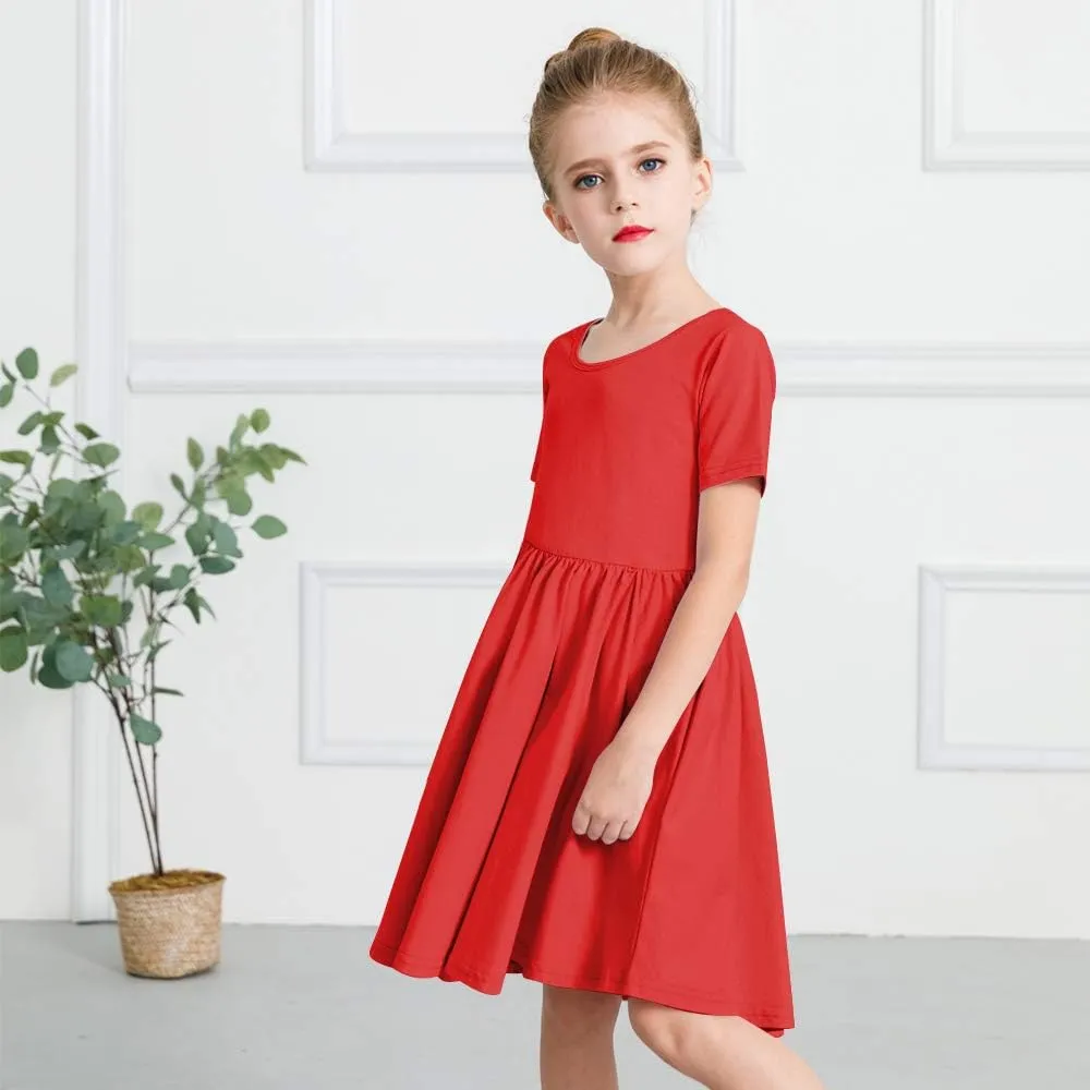 Stelle Girls Short Sleeve Dress Summer Kids Toddler Skater Twirl A Line Solid Color T-Shirt Dress for School Casual 3-12 Y