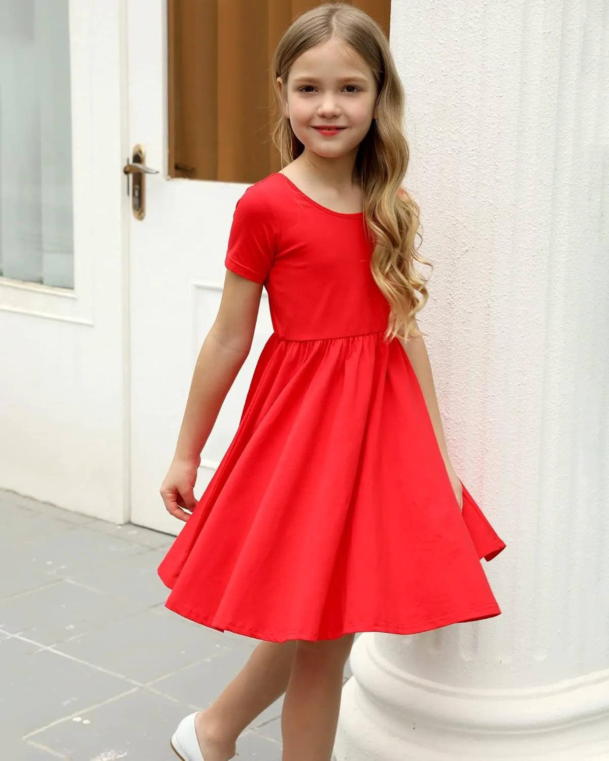 Stelle Girls Short Sleeve Dress Summer Kids Toddler Skater Twirl A Line Solid Color T-Shirt Dress for School Casual 3-12 Y