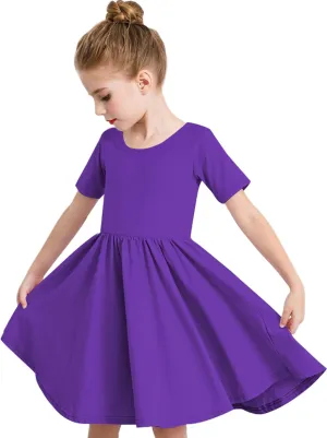 Stelle Girls Short Sleeve Dress Summer Kids Toddler Skater Twirl A Line Solid Color T-Shirt Dress for School Casual 3-12 Y