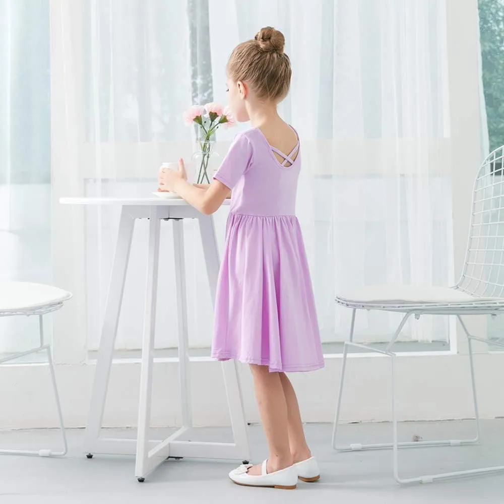 Stelle Girls Short Sleeve Dress Summer Kids Toddler Skater Twirl A Line Solid Color T-Shirt Dress for School Casual 3-12 Y
