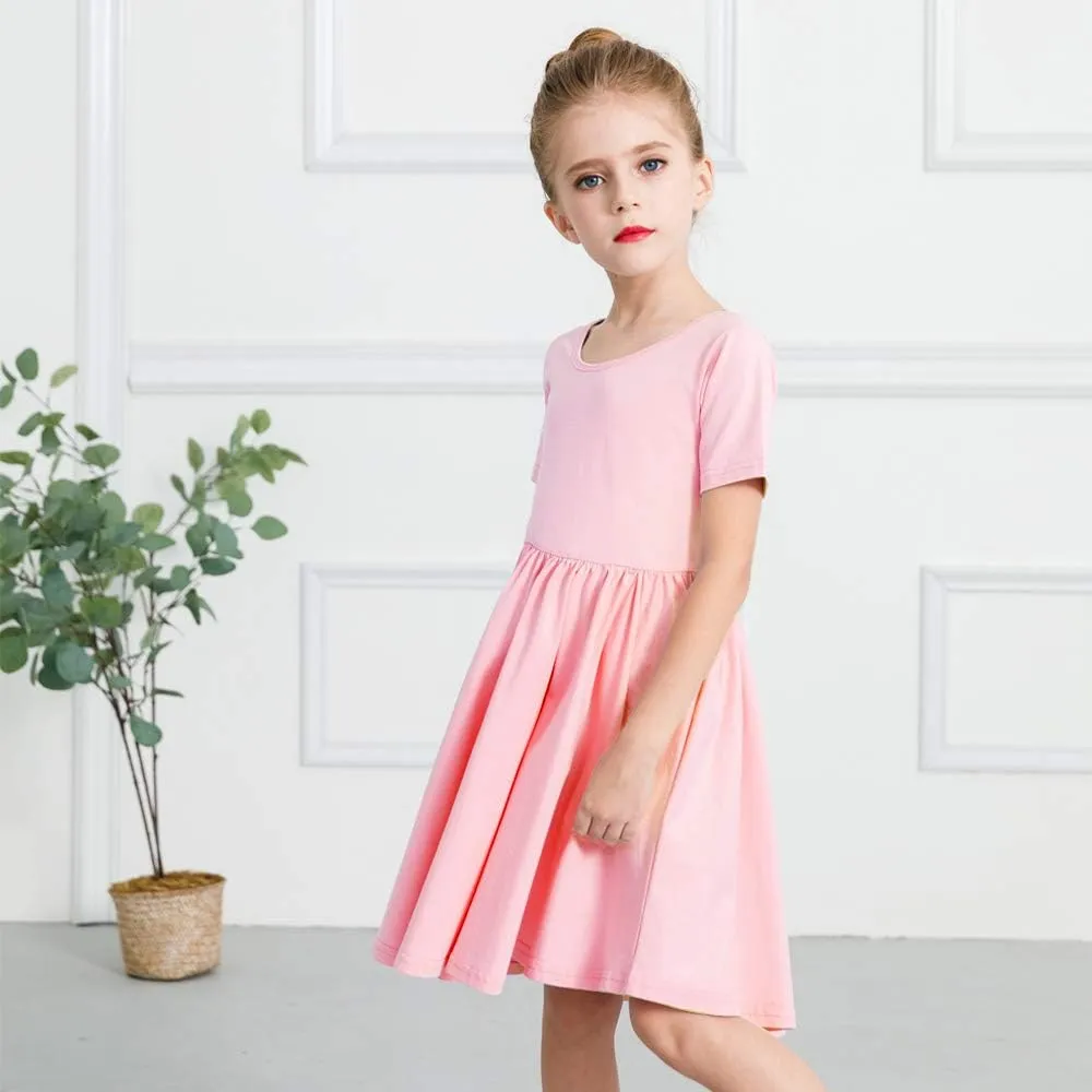 Stelle Girls Short Sleeve Dress Summer Kids Toddler Skater Twirl A Line Solid Color T-Shirt Dress for School Casual 3-12 Y