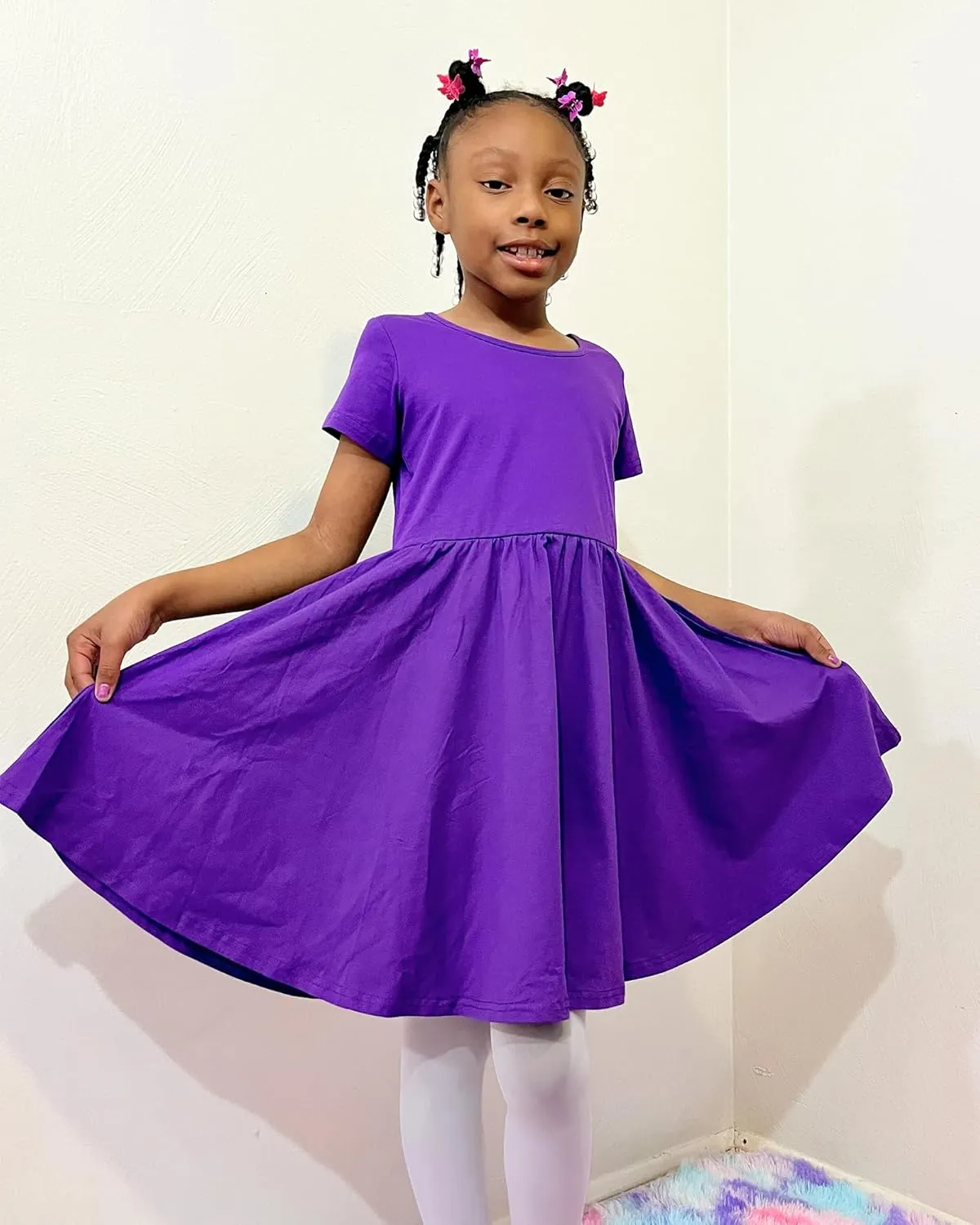 Stelle Girls Short Sleeve Dress Summer Kids Toddler Skater Twirl A Line Solid Color T-Shirt Dress for School Casual 3-12 Y