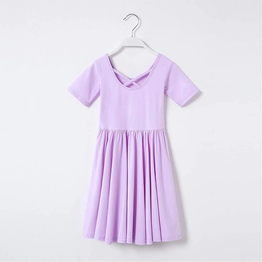 Stelle Girls Short Sleeve Dress Summer Kids Toddler Skater Twirl A Line Solid Color T-Shirt Dress for School Casual 3-12 Y