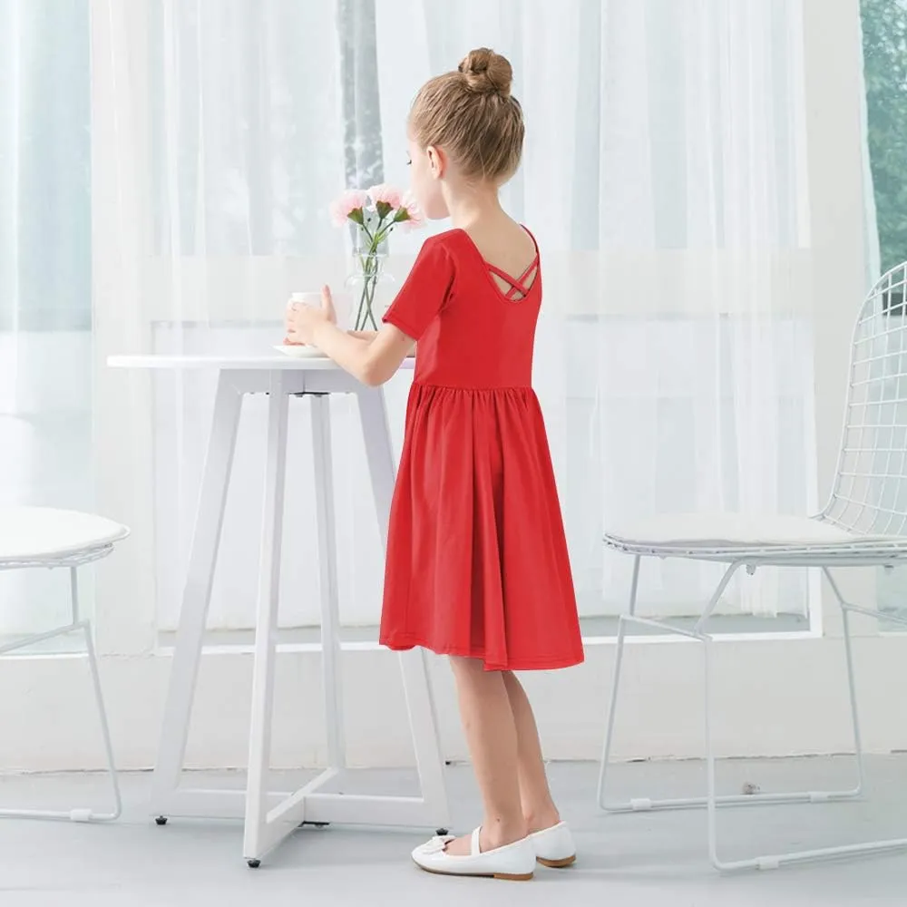 Stelle Girls Short Sleeve Dress Summer Kids Toddler Skater Twirl A Line Solid Color T-Shirt Dress for School Casual 3-12 Y