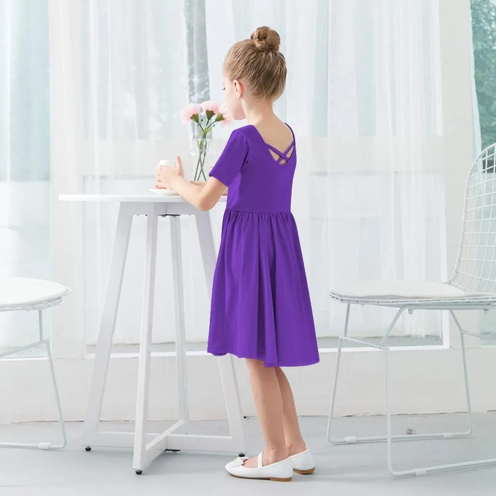 Stelle Girls Short Sleeve Dress Summer Kids Toddler Skater Twirl A Line Solid Color T-Shirt Dress for School Casual 3-12 Y