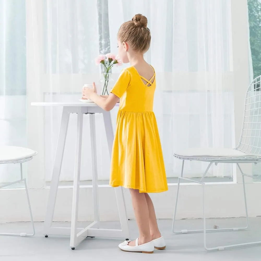 Stelle Girls Short Sleeve Dress Summer Kids Toddler Skater Twirl A Line Solid Color T-Shirt Dress for School Casual 3-12 Y