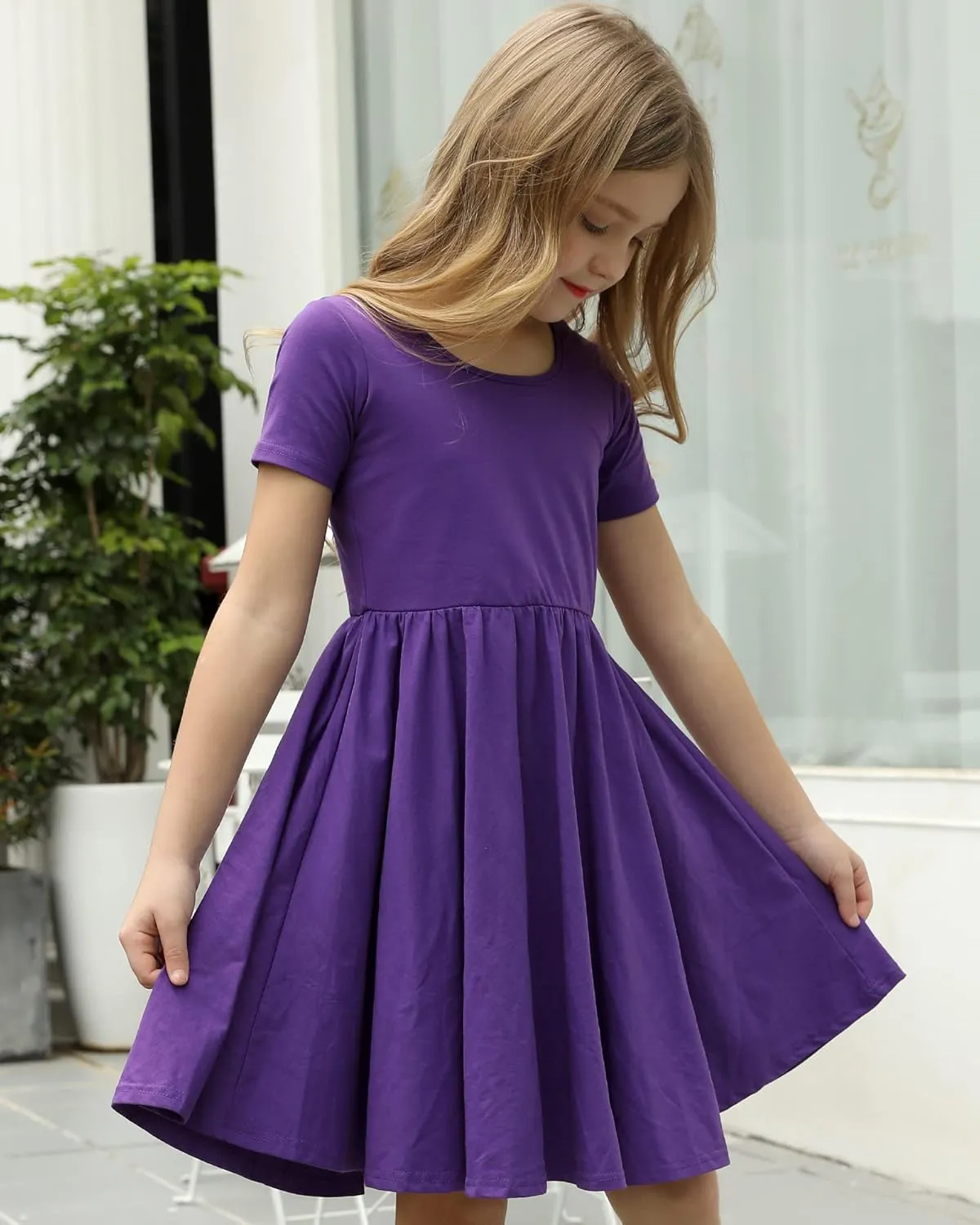 Stelle Girls Short Sleeve Dress Summer Kids Toddler Skater Twirl A Line Solid Color T-Shirt Dress for School Casual 3-12 Y