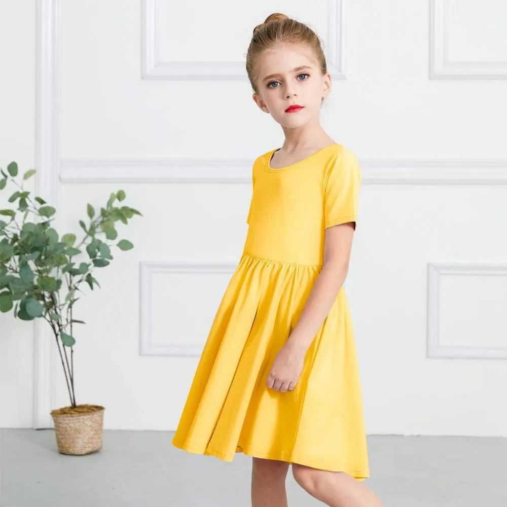 Stelle Girls Short Sleeve Dress Summer Kids Toddler Skater Twirl A Line Solid Color T-Shirt Dress for School Casual 3-12 Y