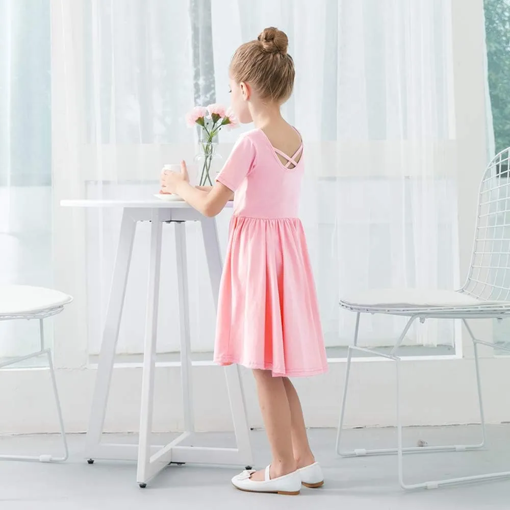 Stelle Girls Short Sleeve Dress Summer Kids Toddler Skater Twirl A Line Solid Color T-Shirt Dress for School Casual 3-12 Y