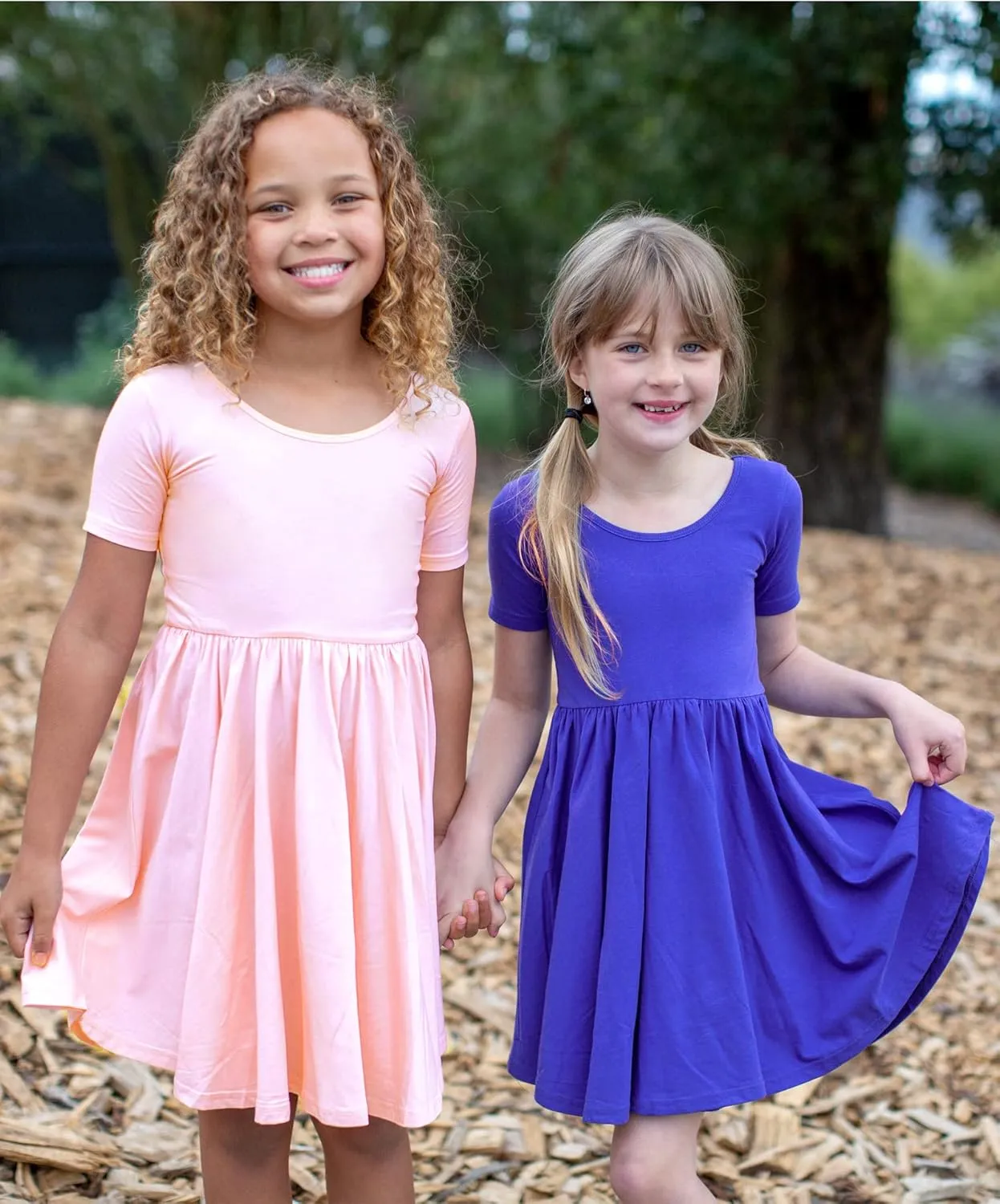 Stelle Girls Short Sleeve Dress Summer Kids Toddler Skater Twirl A Line Solid Color T-Shirt Dress for School Casual 3-12 Y