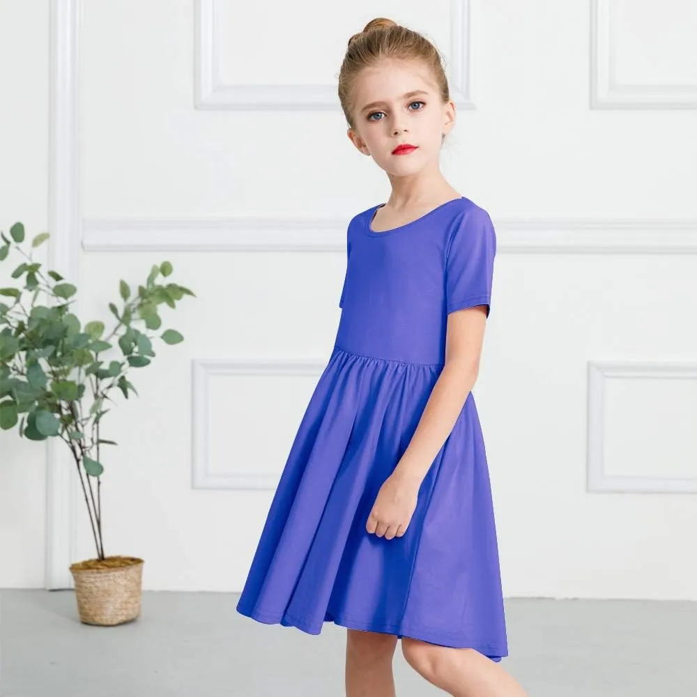 Stelle Girls Short Sleeve Dress Summer Kids Toddler Skater Twirl A Line Solid Color T-Shirt Dress for School Casual 3-12 Y