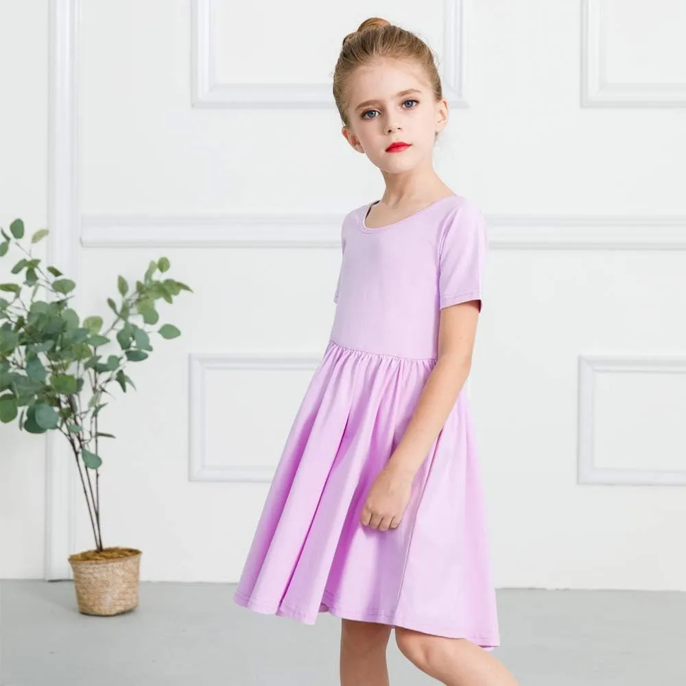 Stelle Girls Short Sleeve Dress Summer Kids Toddler Skater Twirl A Line Solid Color T-Shirt Dress for School Casual 3-12 Y