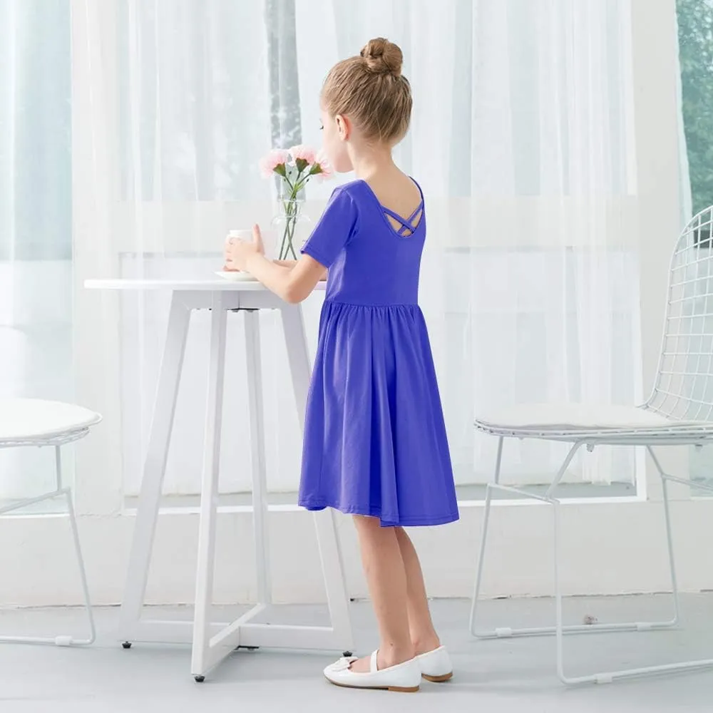 Stelle Girls Short Sleeve Dress Summer Kids Toddler Skater Twirl A Line Solid Color T-Shirt Dress for School Casual 3-12 Y
