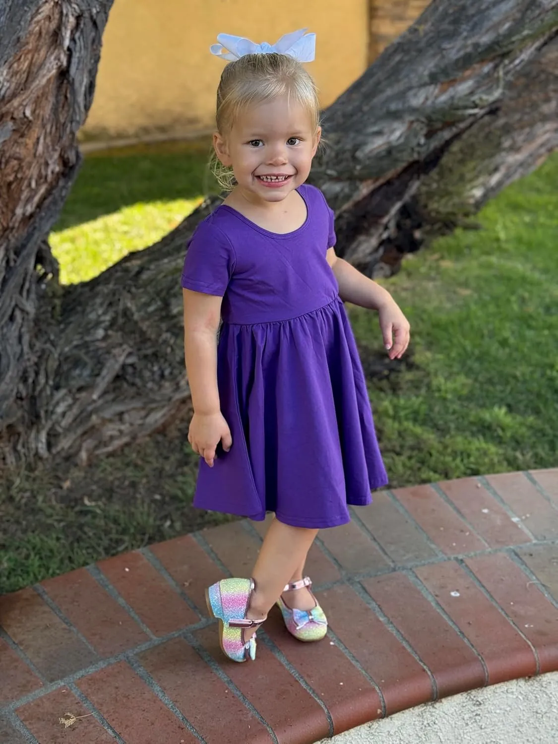 Stelle Girls Short Sleeve Dress Summer Kids Toddler Skater Twirl A Line Solid Color T-Shirt Dress for School Casual 3-12 Y