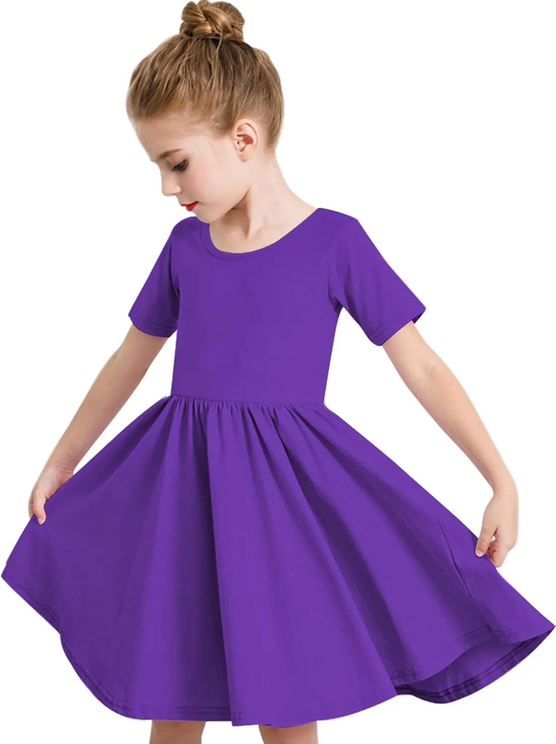 Stelle Girls Short Sleeve Dress Summer Kids Toddler Skater Twirl A Line Solid Color T-Shirt Dress for School Casual 3-12 Y