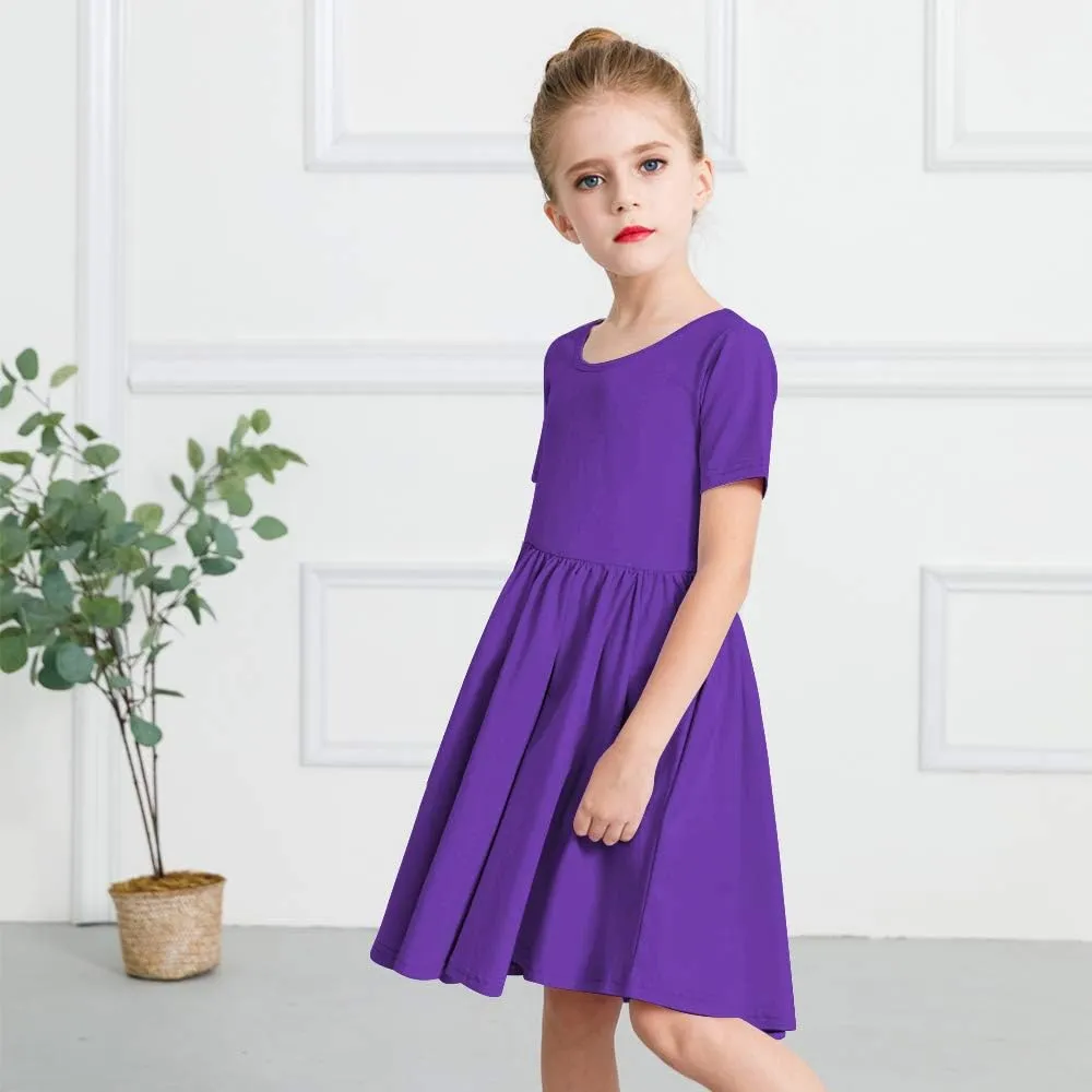 Stelle Girls Short Sleeve Dress Summer Kids Toddler Skater Twirl A Line Solid Color T-Shirt Dress for School Casual 3-12 Y