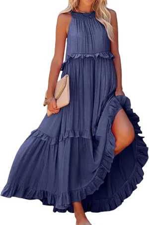 Summer Beach Dresses for Women 2024 Halter Tie Back Maxi Dress Long Tiered Ruffle Dress Sleeveless Flowy Boho Sundress