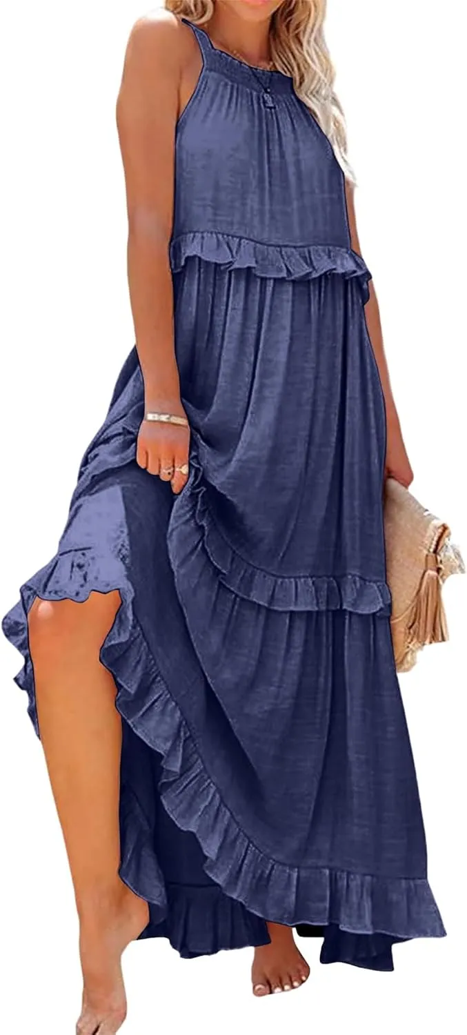 Summer Beach Dresses for Women 2024 Halter Tie Back Maxi Dress Long Tiered Ruffle Dress Sleeveless Flowy Boho Sundress