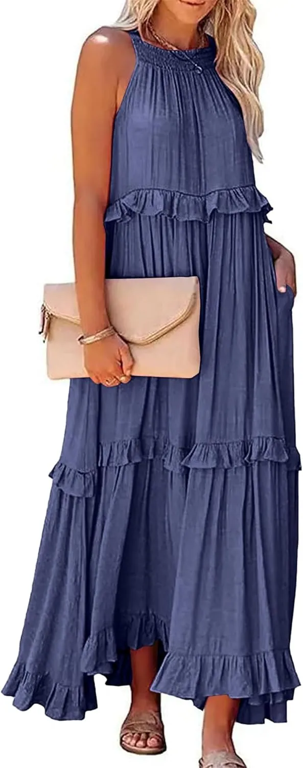Summer Beach Dresses for Women 2024 Halter Tie Back Maxi Dress Long Tiered Ruffle Dress Sleeveless Flowy Boho Sundress