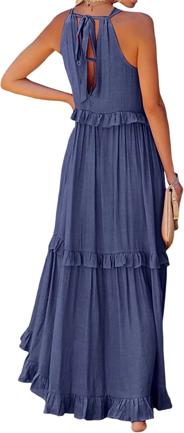 Summer Beach Dresses for Women 2024 Halter Tie Back Maxi Dress Long Tiered Ruffle Dress Sleeveless Flowy Boho Sundress