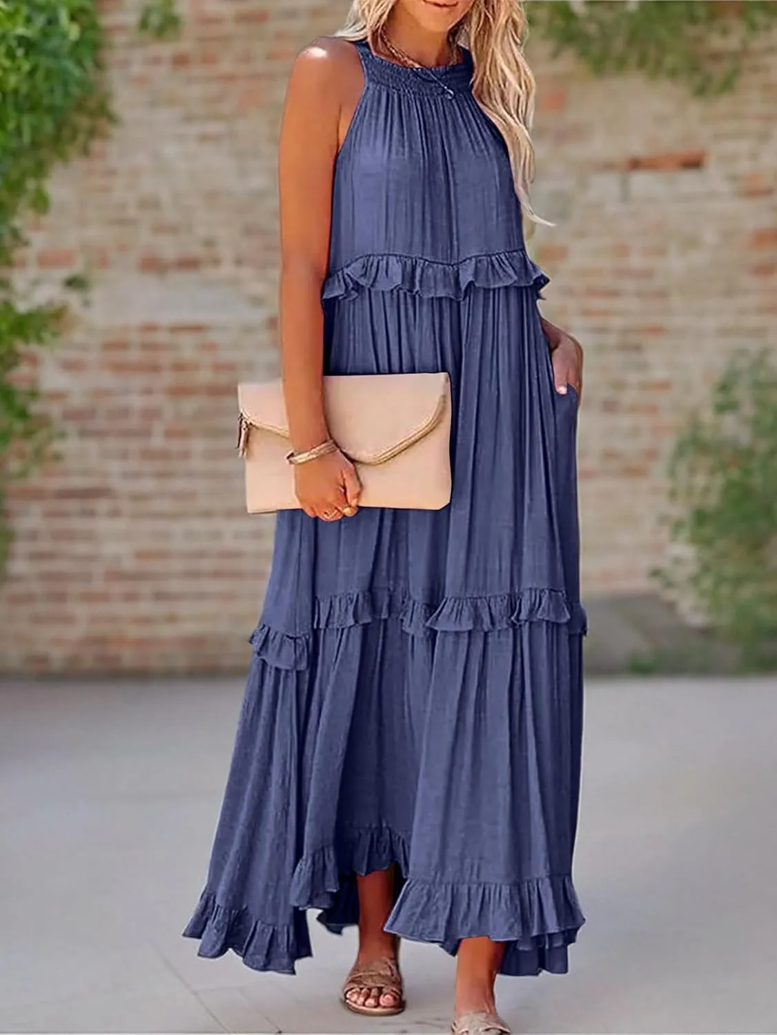 Summer Beach Dresses for Women 2024 Halter Tie Back Maxi Dress Long Tiered Ruffle Dress Sleeveless Flowy Boho Sundress