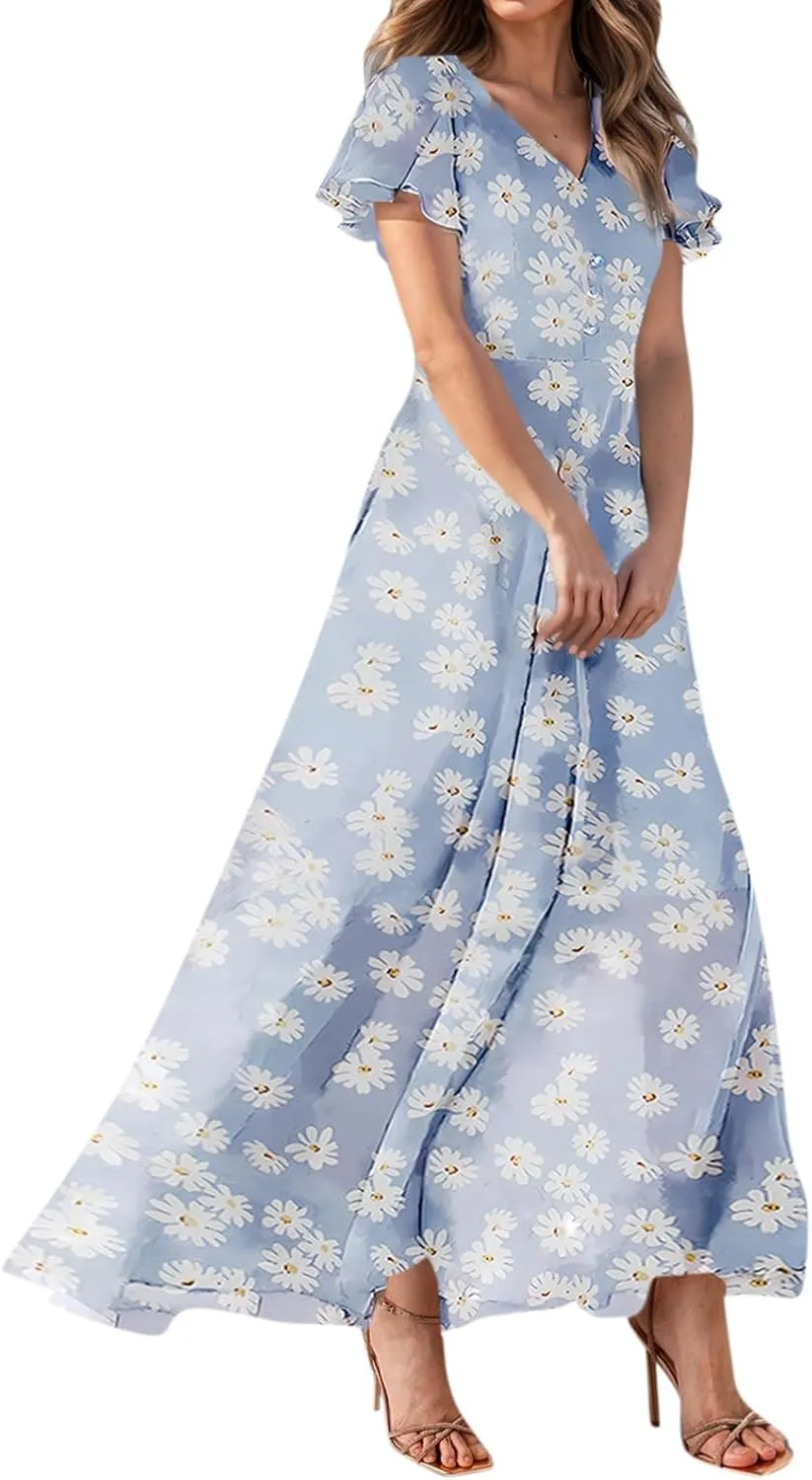 Summer Boho Dresses for Women Empire Waist Long Dress Casual Chiffon Flutter Sleeve Floral Beach Wedding Guest Dresses