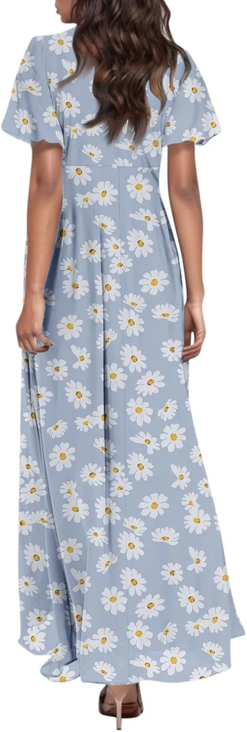Summer Boho Dresses for Women Empire Waist Long Dress Casual Chiffon Flutter Sleeve Floral Beach Wedding Guest Dresses