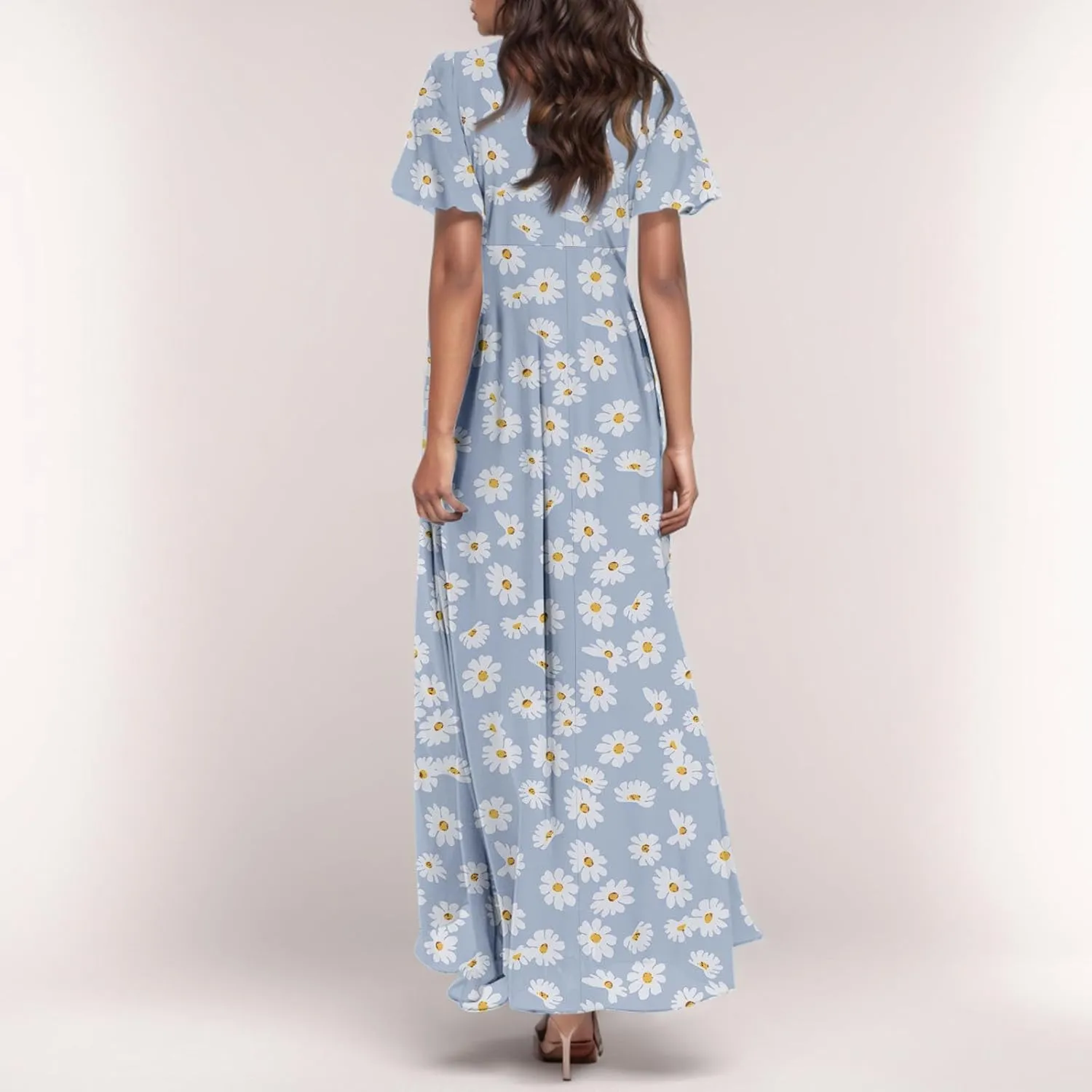 Summer Boho Dresses for Women Empire Waist Long Dress Casual Chiffon Flutter Sleeve Floral Beach Wedding Guest Dresses